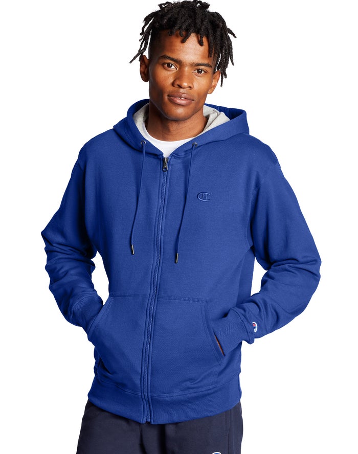 Champion Mens Hoodie NZ - Powerblend Fleece Full Zip C Logo Blue ( 1684-JBATK )